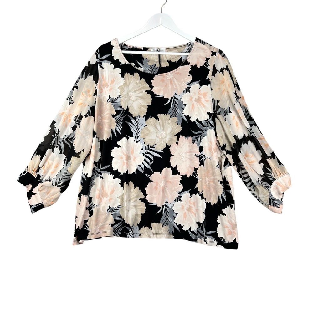 CALVIN KLEIN Floral‎ Top Women's 2X XXL Sheer Blouson Sleeve Round Neck Office